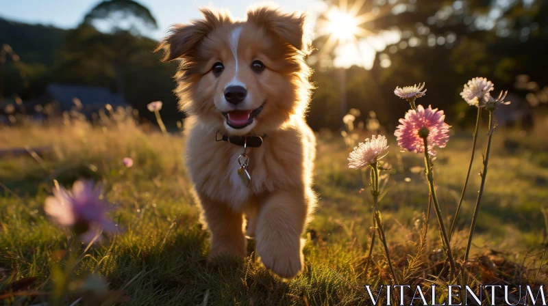 Shetland Sheepdog Puppy in Flower Field at Sunset AI Image