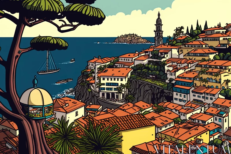 Vibrant Coastal Town Illustration Inspired by Pop Art AI Image