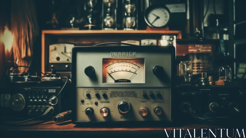 Vintage Metal Radio Receiver on Wooden Table AI Image