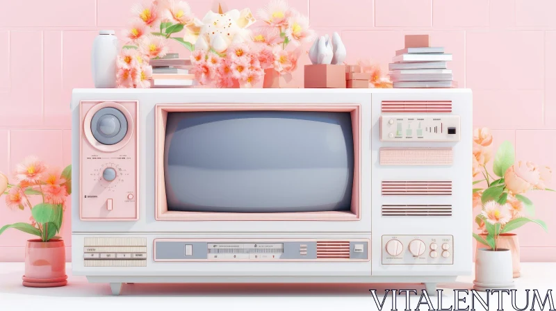 AI ART Vintage Retro Television Set with Pink Flowers and Books