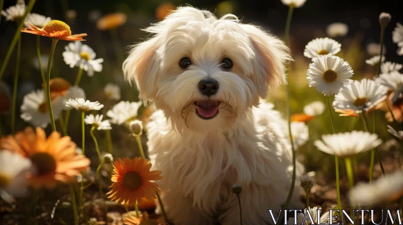 White Fluffy Dog in Field of Daisies AI Image