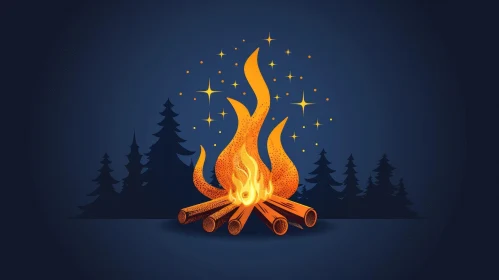Bright Campfire Illustration with Stars and Flames