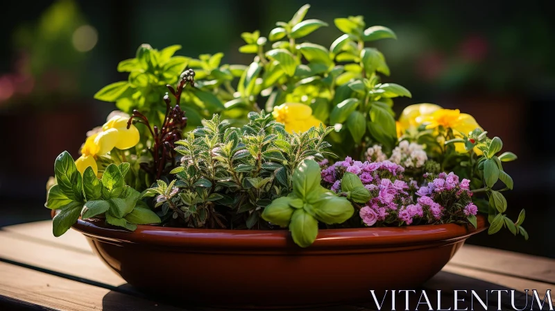 Brown Ceramic Pot with Green and Purple Plants AI Image