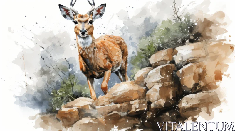 AI ART Deer Watercolor Painting on Rock