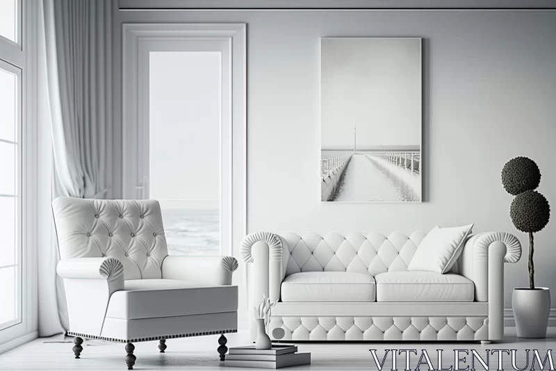 Elegant White Living Room with Monochromatic Contemplation AI Image