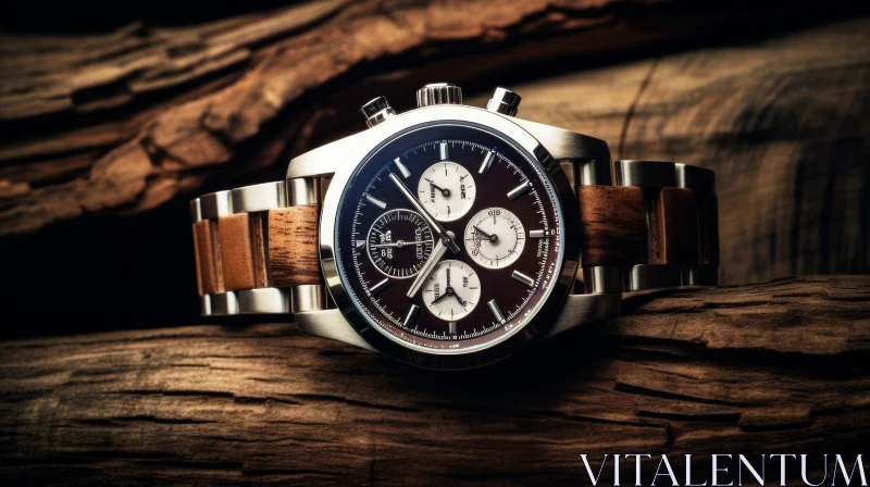 Elegant Wooden Wristwatch on Wood Surface AI Image
