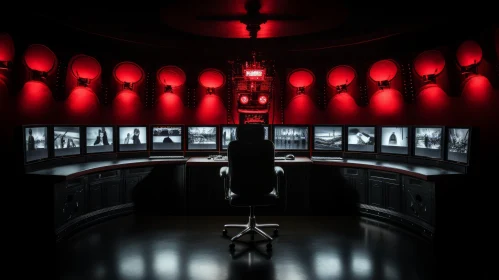 Futuristic Control Room with Red Lighting and Multiple Monitors