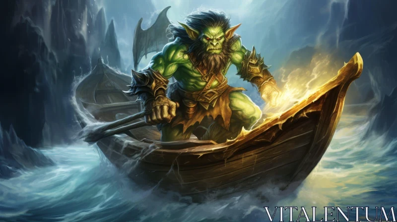 Green Goblin Rowing Boat in Stormy Sea AI Image