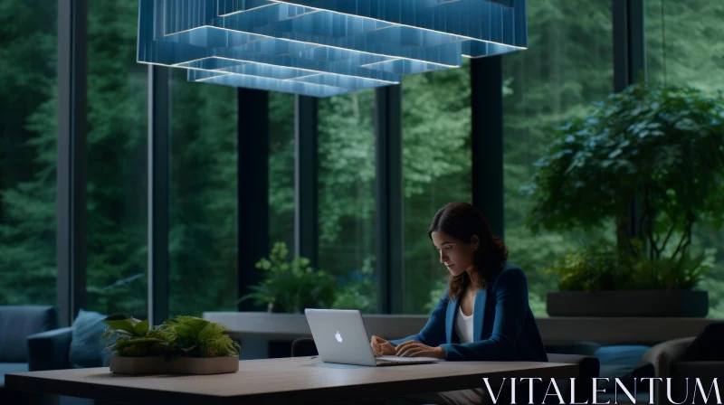 Modern Office Woman Working in Forest View Environment AI Image