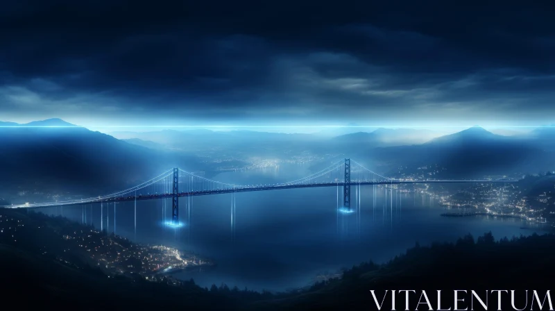 AI ART Night View Bridge Illuminated by Blue Lights