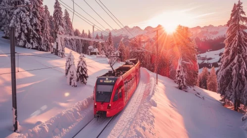 Red Train in Snowy Mountain Landscape at Sunset