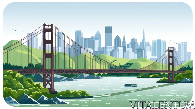 San Francisco Golden Gate Bridge Cartoon Landscape AI Image