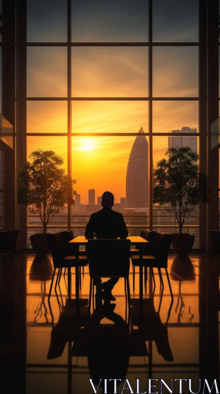 Silhouette of a Man in Modern Office Watching City Sunset AI Image