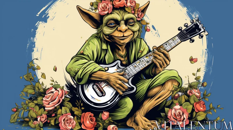Whimsical Goblin Playing Guitar Among Roses AI Image