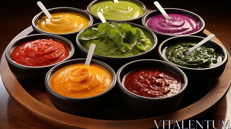 Colorful Sauces in Wooden Bowls | Cilantro Centerpiece AI Image