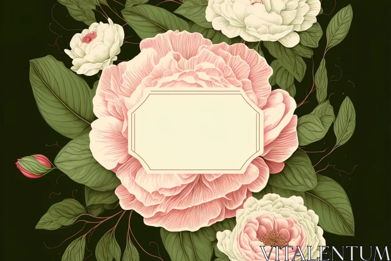 Delicate Pink Peony and Leaves Frame on Black Background AI Image