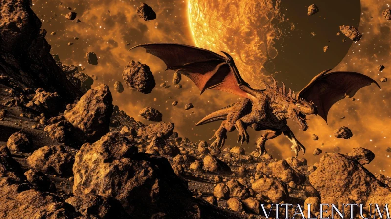 Dragon in Asteroid Field - Fantasy Digital Art AI Image