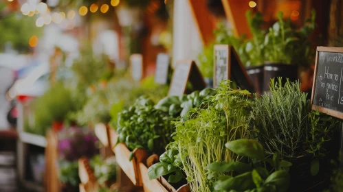 Fresh Herb Market Display - Green Basil and Rosemary