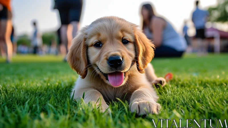 Joyful Golden Retriever Puppy Portrait in Sunlit Grass AI Image