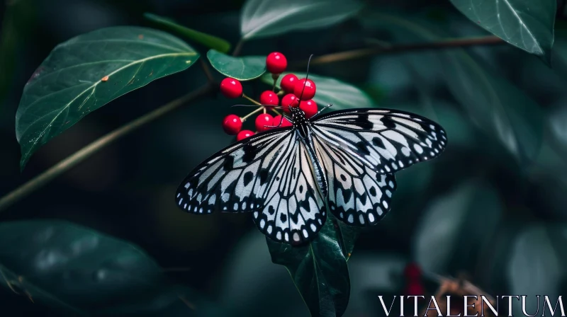 Monochrome Butterfly on Green Leaf with Red Berries AI Image