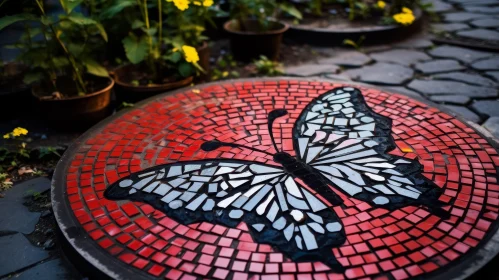 Mosaic Butterfly on Red Background with Flowers and Plants