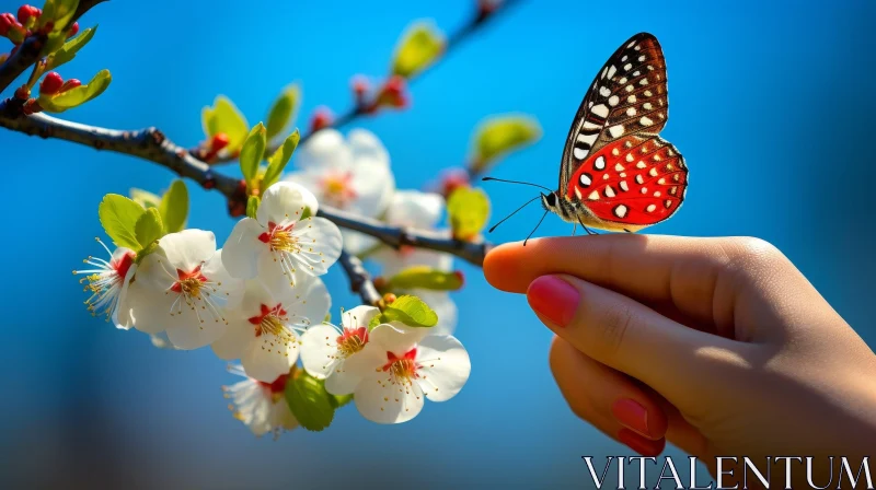 AI ART Red Butterfly Perched on Woman's Finger