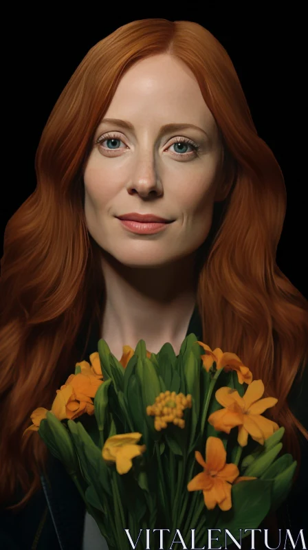 Smiling Woman with Red Hair and Yellow Flowers AI Image