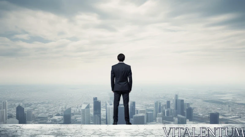 Urban Rooftop View: Man in Black Suit Overlooking Smog-Covered City AI Image