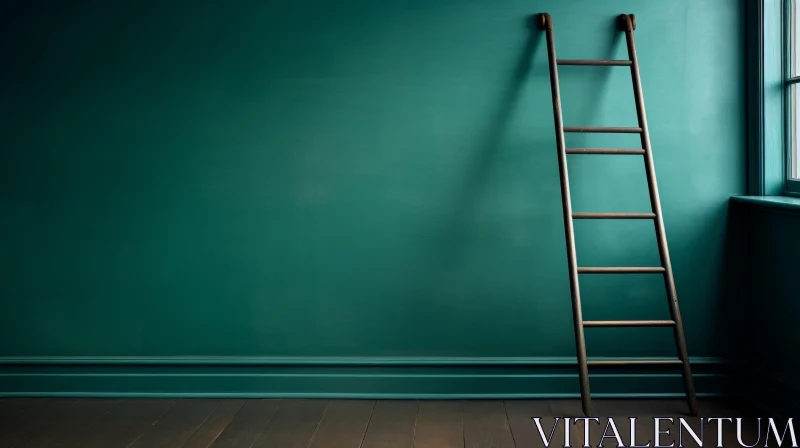 Weathered Wooden Ladder Against Dark Green Wall AI Image