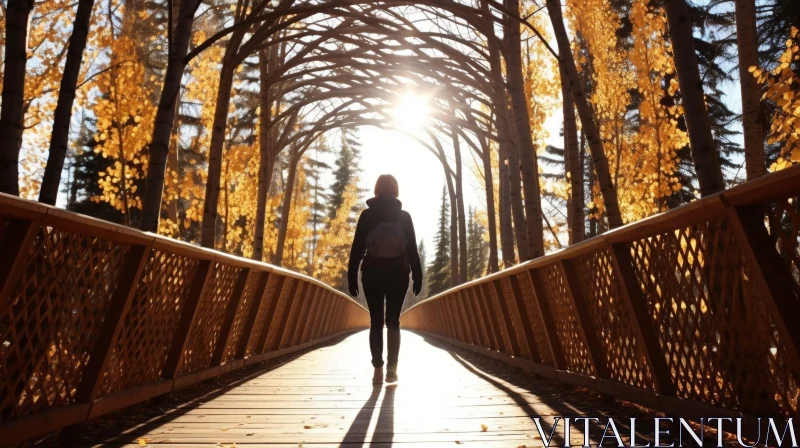 Woman Walking on Wooden Bridge in Sunlit Park AI Image