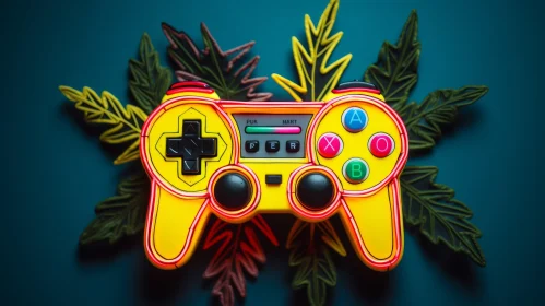 Yellow Video Game Controller Surrounded by Leaves