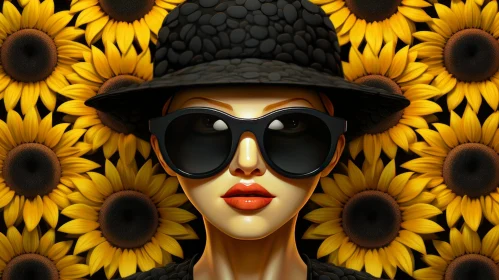 Young Woman Portrait with Black Hat and Sunflowers