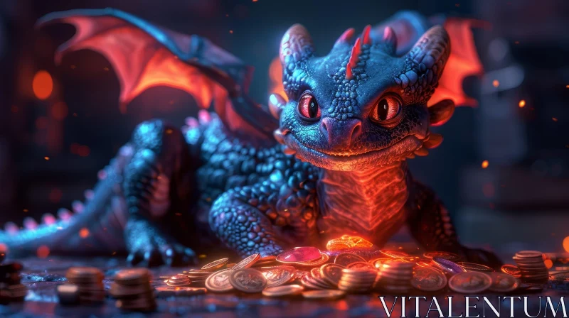 Blue Dragon on Gold Coins - Fantasy 3D Rendering AI Image