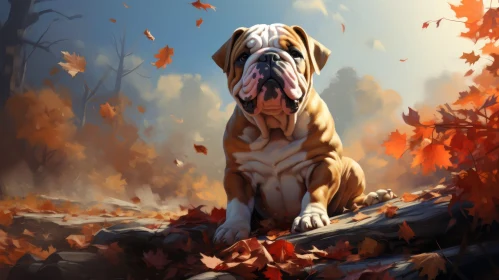 Brown and White Bulldog in Forest Painting