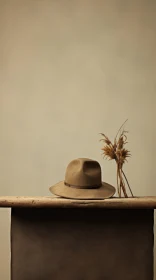 Brown Hat and Dry Grass Vase Still Life