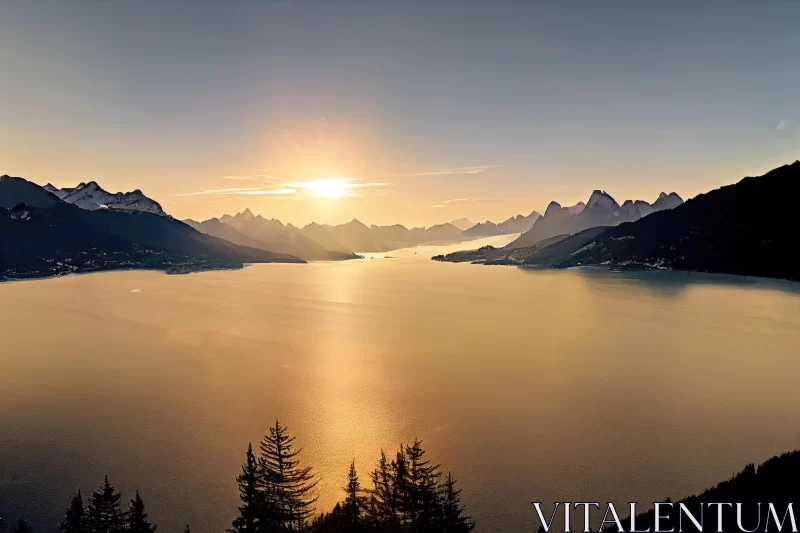 Captivating Sunset Over Lake in Switzerland | Panoramic Hazy Landscapes AI Image