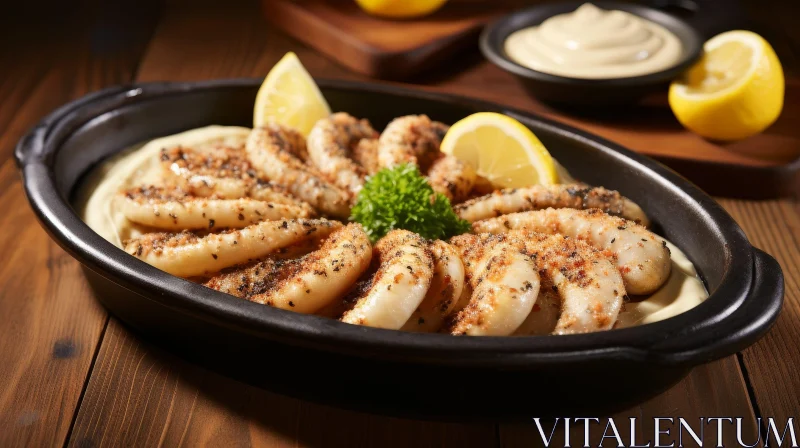AI ART Delicious Grilled Squid with Lemon and Hummus