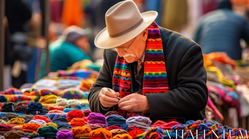Elderly Man Portrait with Colorful Yarn AI Image