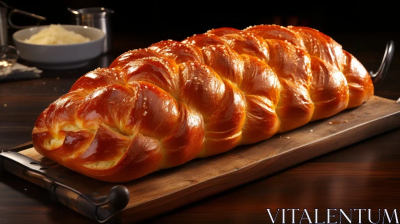 Golden-Brown Braided Bread Loaf on Wooden Cutting Board AI Image
