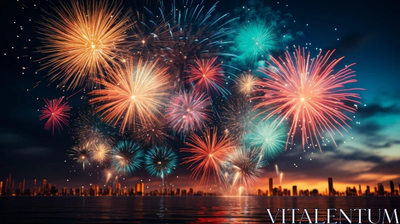 AI ART Night Cityscape with Colorful Fireworks Reflecting in Lake