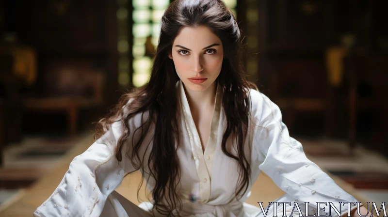 Serious Young Woman in White Robe by Wooden Door AI Image