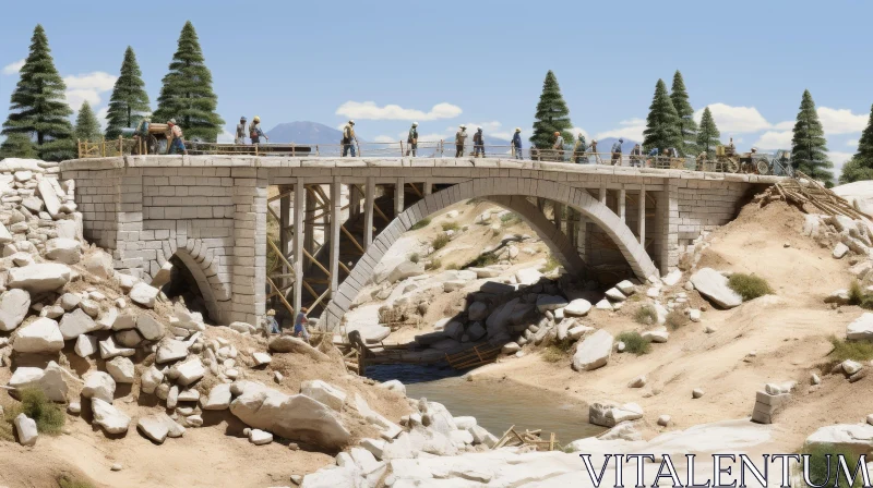 AI ART Stone Bridge Construction Over River
