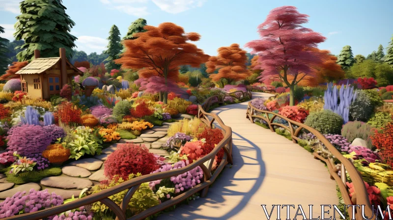 Tranquil Garden Path with Colorful Flowers and Lush Plants AI Image