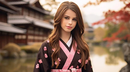 Young Woman in Kimono at Japanese Garden