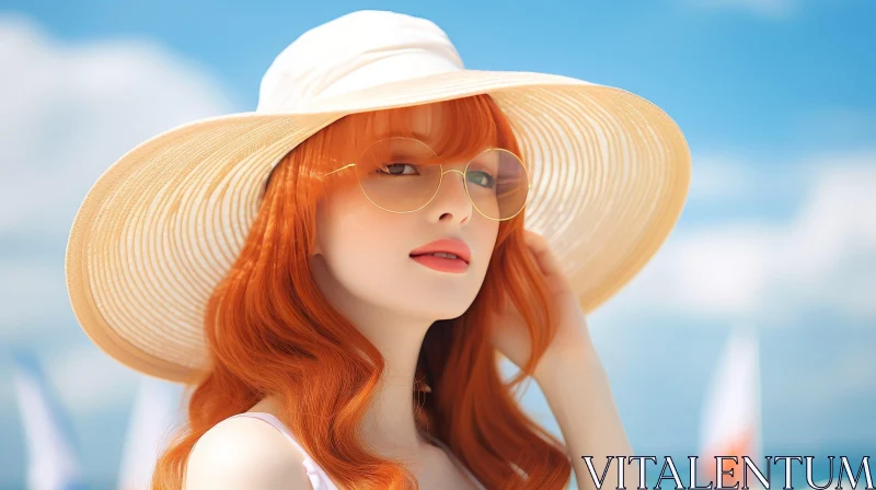 Young Woman in White Sun Hat and Sunglasses on Beach AI Image