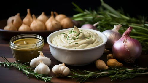 Delicious Garlic Mayonnaise on Wooden Table