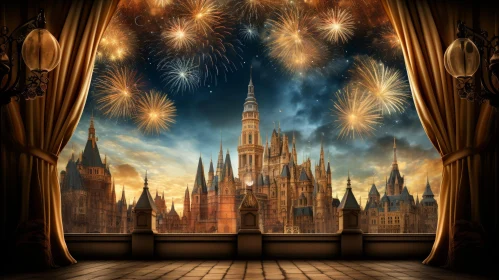 Enchanting Castle with Fireworks in a Forest