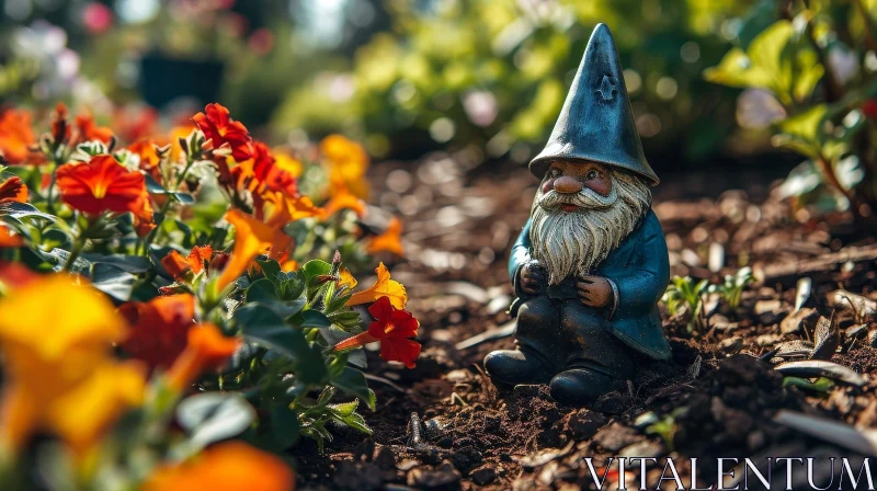 Enchanting Garden Gnome Beside Colorful Flower Bed AI Image