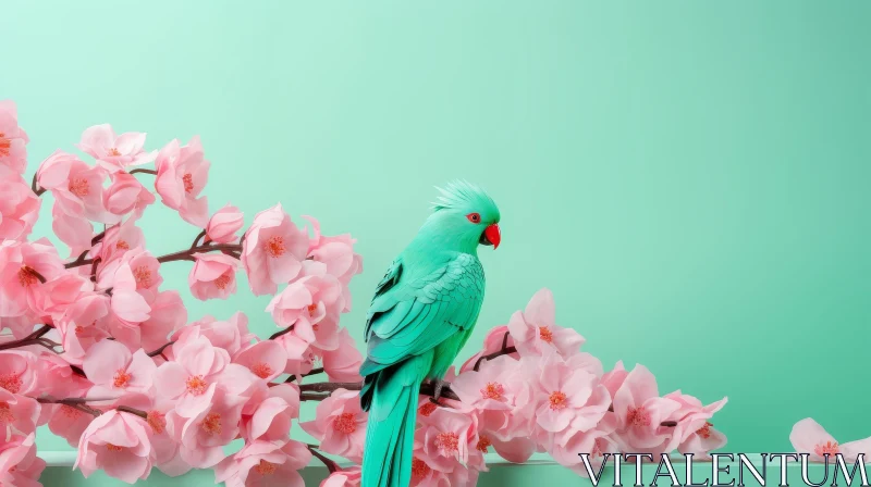 Green Parrot on Cherry Blossom Branch - 3D Rendering AI Image
