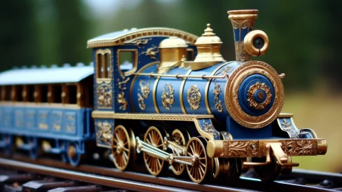 Intricate Blue and Gold Model Train on Track